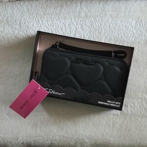 Betsy Johnson Quilted Black Hearts Wallet With Removable Wristlet in Box